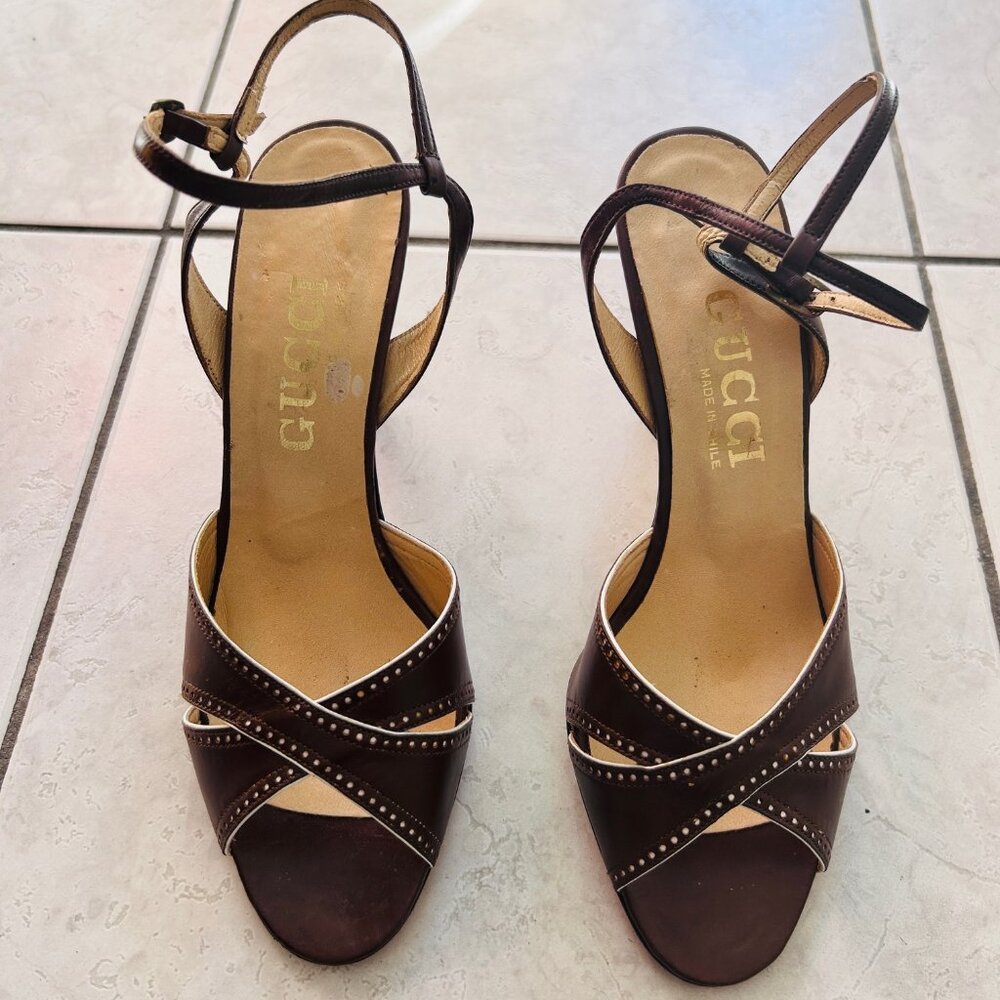 Vintage Gucci Brown Leather Heel Ankle Strap Size 8 A